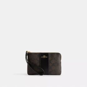 Çizgili Signature Canvas Köşe Fermuarlı Bileklik Çantası