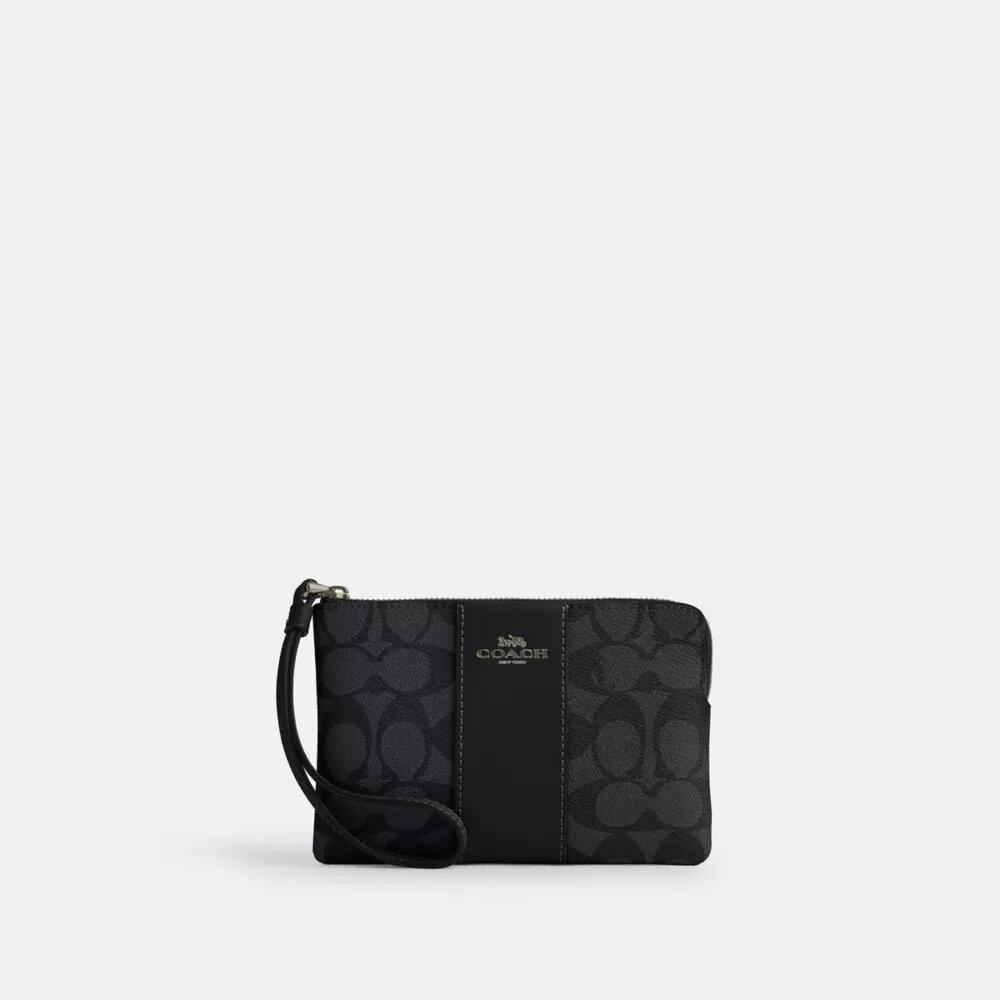 Çizgili Signature Canvas Köşe Fermuarlı Bileklik Çantası