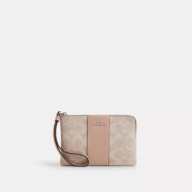 Çizgili Signature Canvas Köşe Fermuarlı Bileklik Çantası