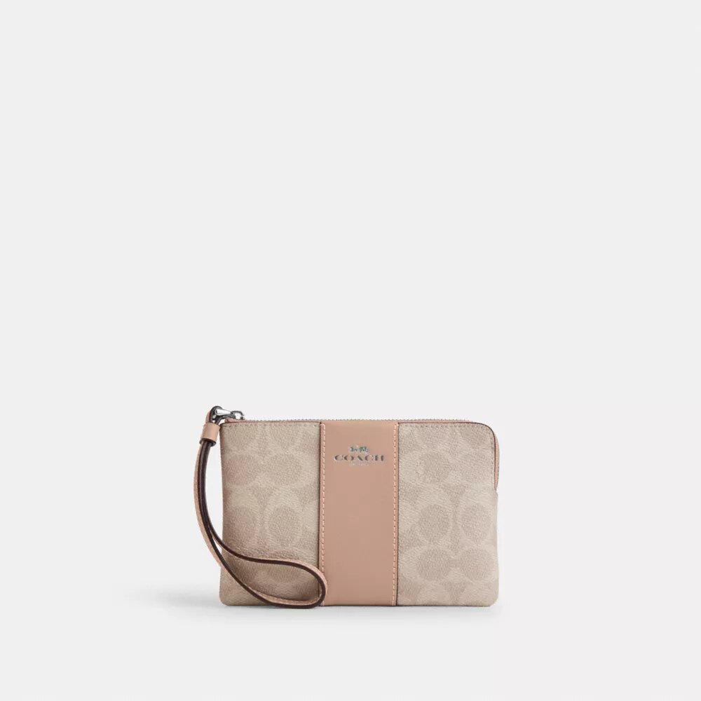 Çizgili Signature Canvas Köşe Fermuarlı Bileklik Çantası