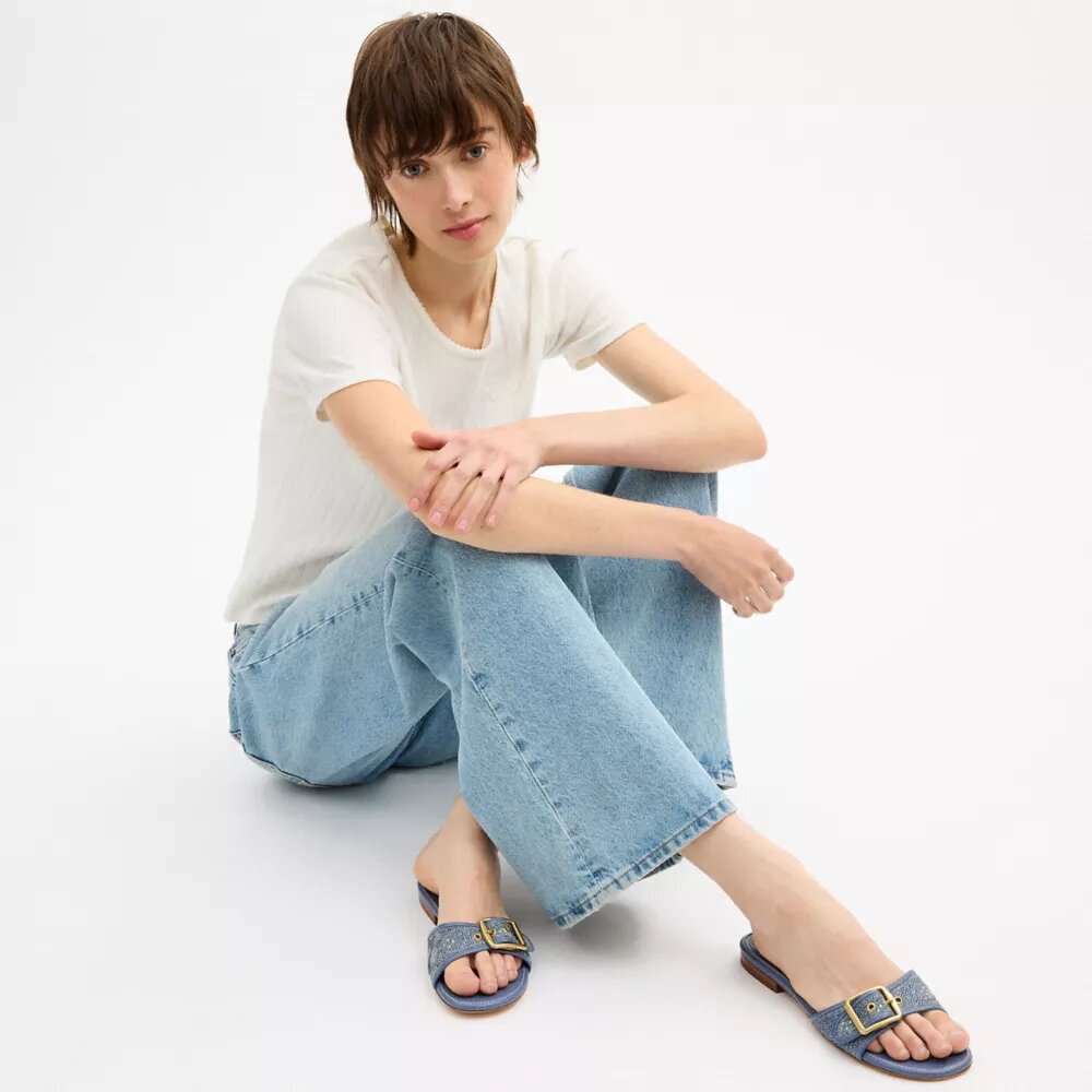 Kristal Süslemeli İmza Denim Margot Düz Sandalet
