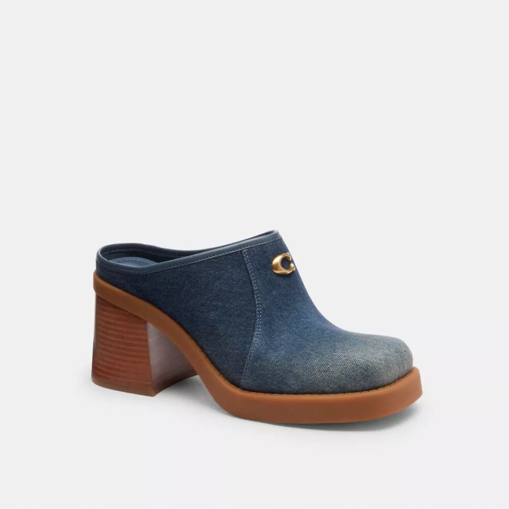 Loved Denim renginde, şekillendirilmiş C logolu Topuklu Terlikler