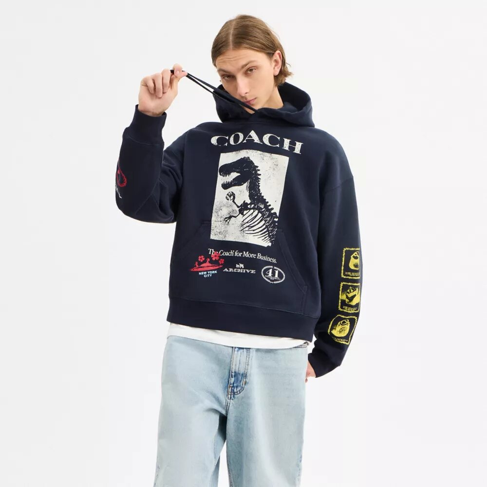 Organik Pamuktan Üretilmiş Dinozor Kolajlı Bol Kesim Kapüşonlu Sweatshirt'ler