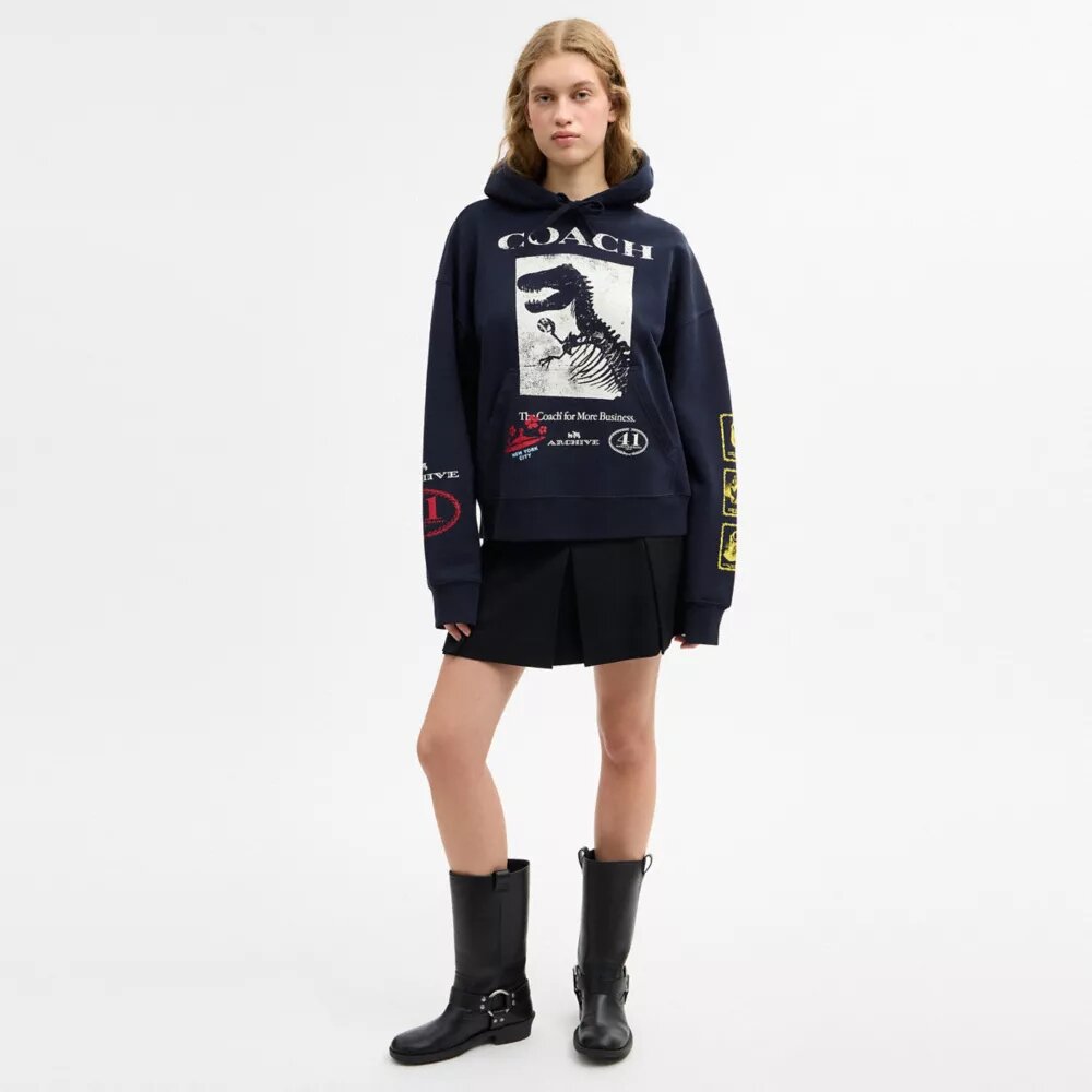 Organik Pamuktan Üretilmiş Dinozor Kolajlı Bol Kesim Kapüşonlu Sweatshirt'ler
