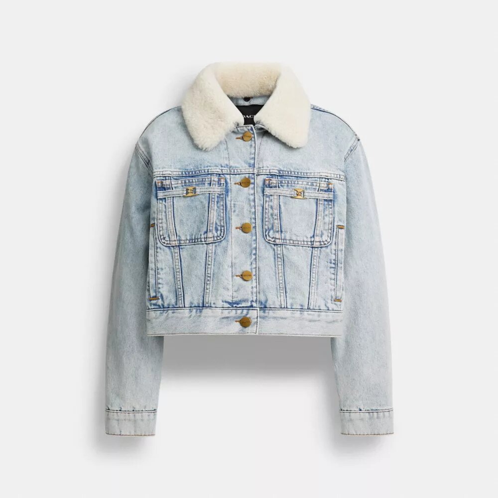 Shearling Yakalı Organik Pamuktan Üretilmiş Kısa Kesim Heritage C Denim Trucker Ceket
