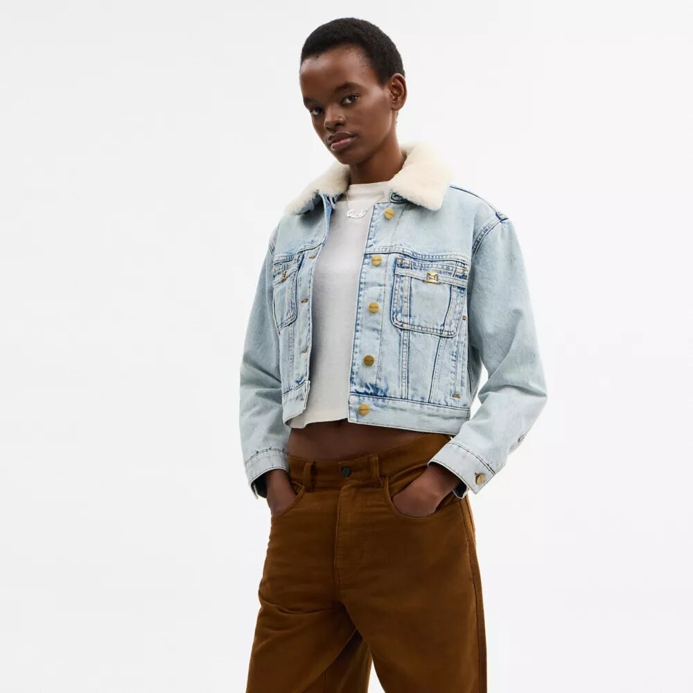 Shearling Yakalı Organik Pamuktan Üretilmiş Kısa Kesim Heritage C Denim Trucker Ceket
